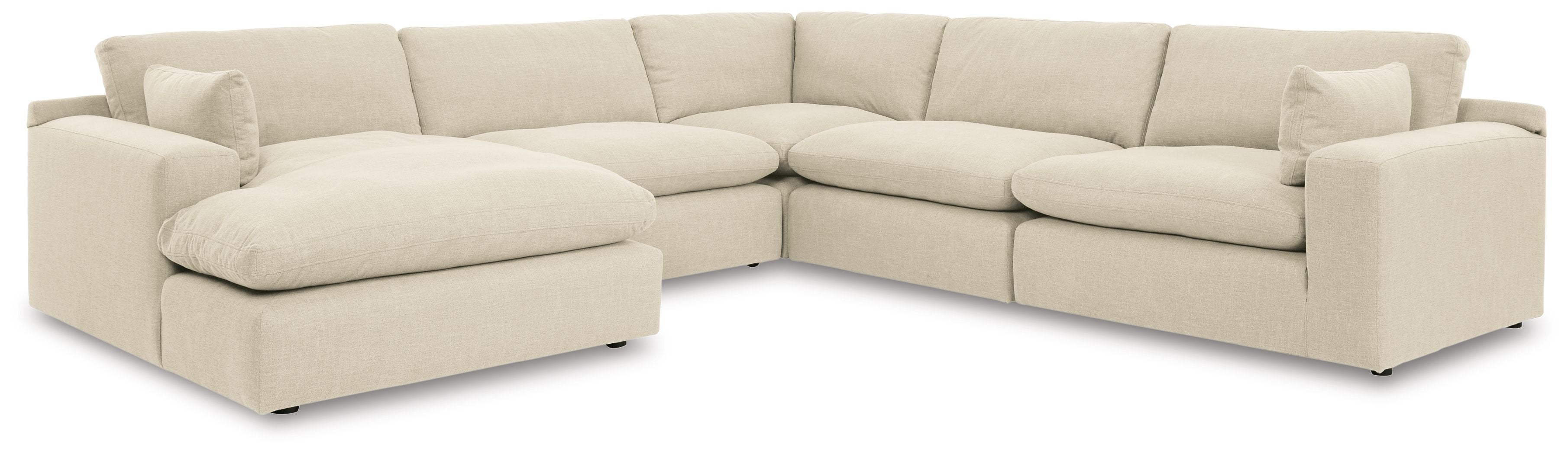 Beige linen sectional sofa with corner layout, wide armrests and smooth seat cushions