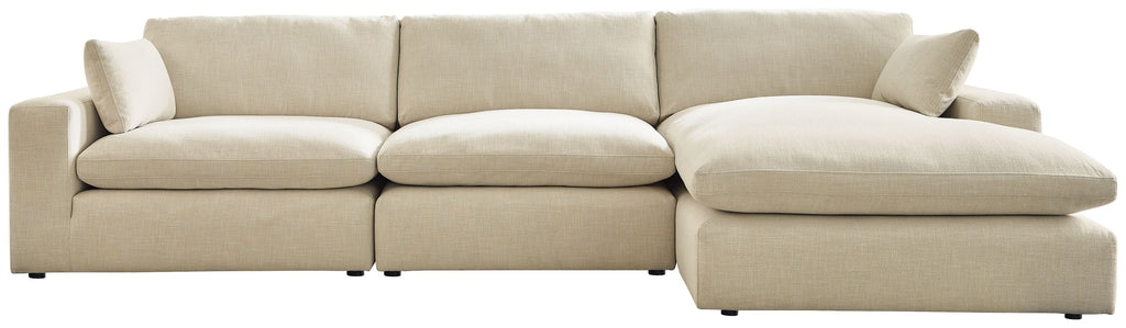 Linen sectional sofa with right chaise, beige upholstery, boxy cushions and rounded arms