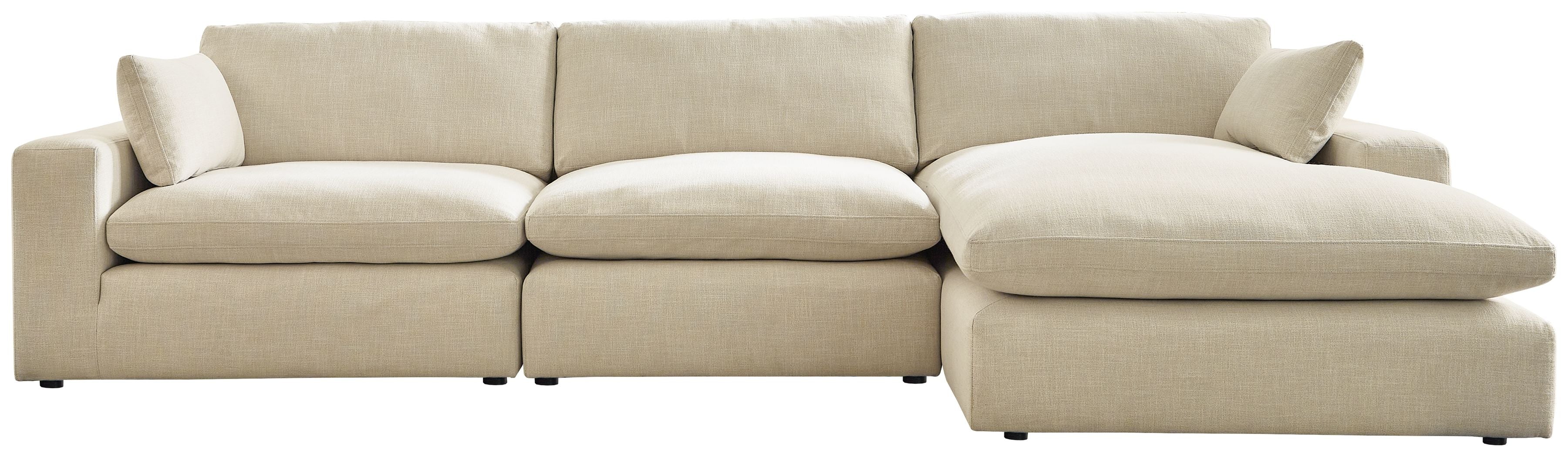 Linen sectional sofa with right chaise, beige upholstery, boxy cushions and rounded arms