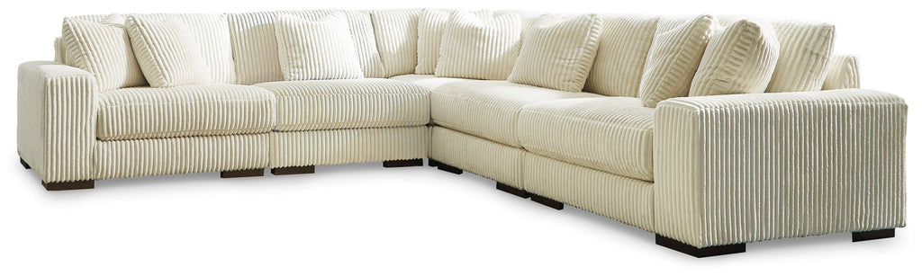5-piece sectional sofa in ivory ribbed corduroy, L-shaped with thick seat and back