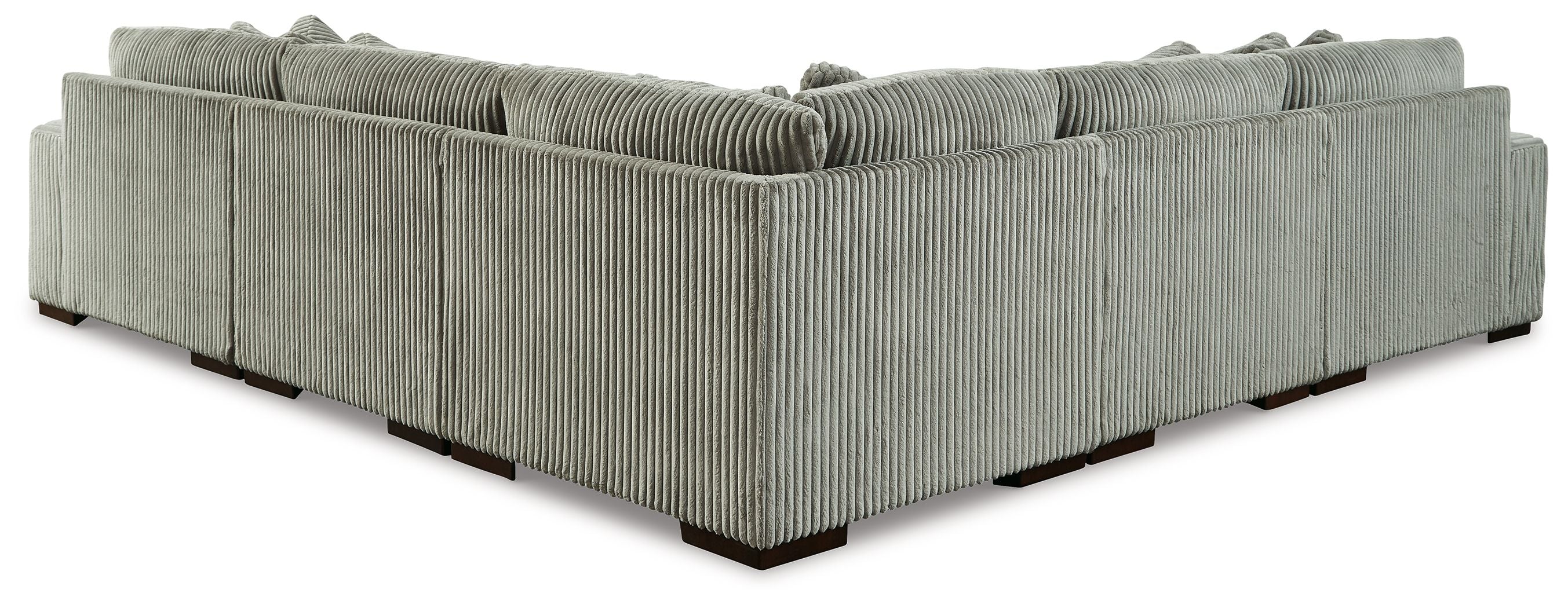 5-piece sectional sofa in gray ribbed corduroy, low-profile seat with boxed arms