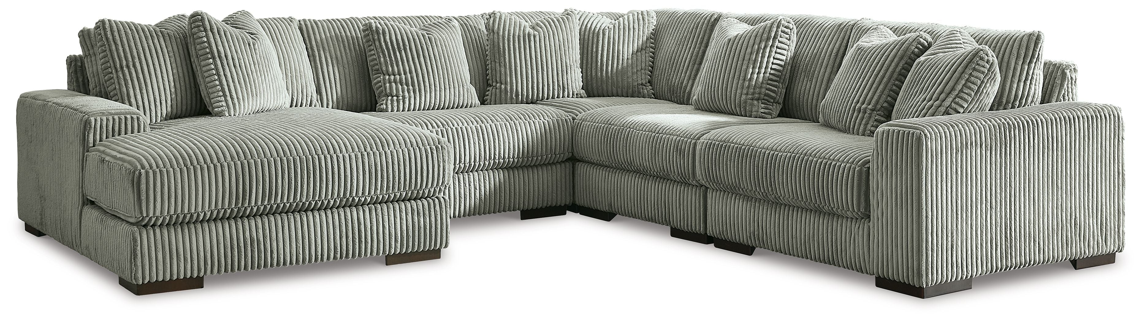 Sectional sofa with chaise corner, ribbed striped upholstery in light gray-green