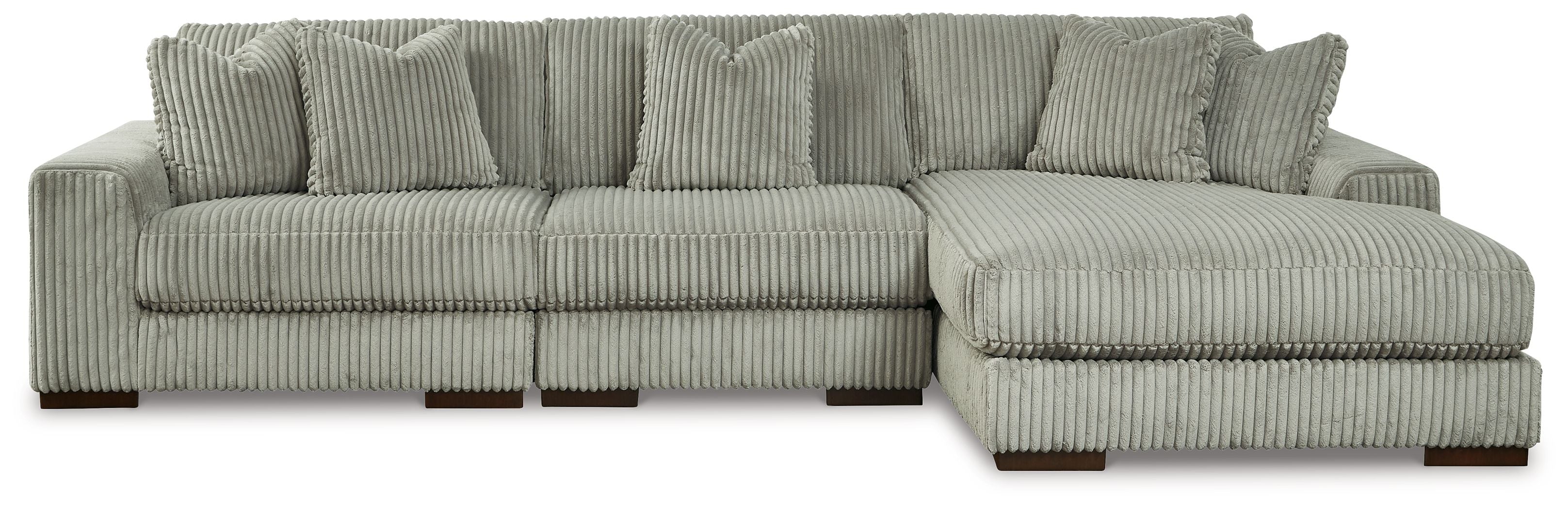 Sectional sofa with chaise section, ribbed striped upholstery in light gray-green