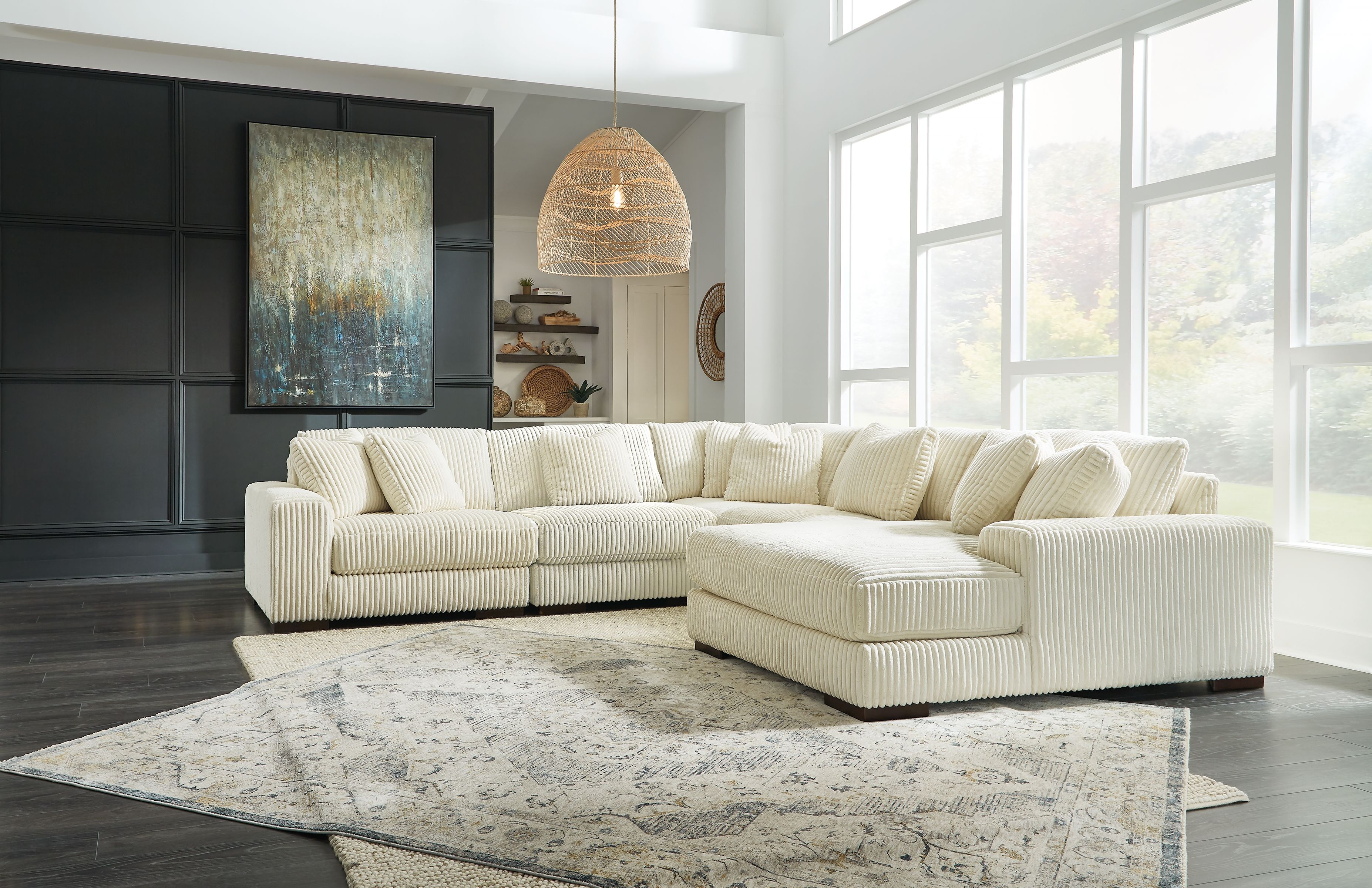 Sectional sofa with chaise and corner section, light ivory corduroy upholstery