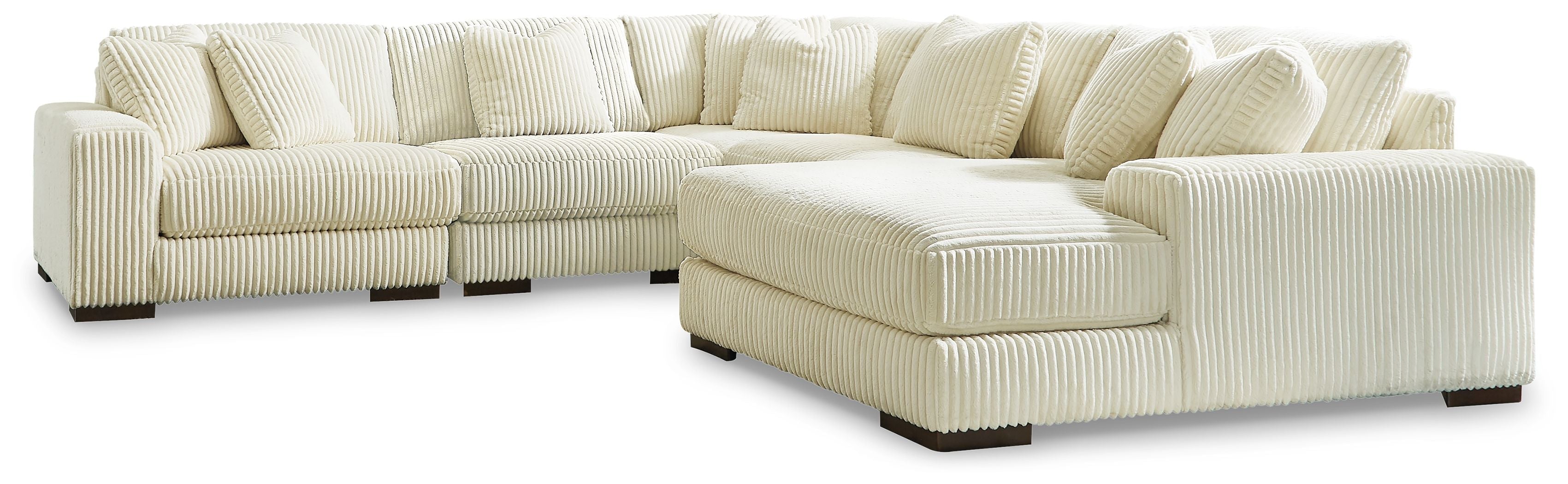 Sectional sofa with chaise, light ivory corduroy upholstery and deep seat cushions
