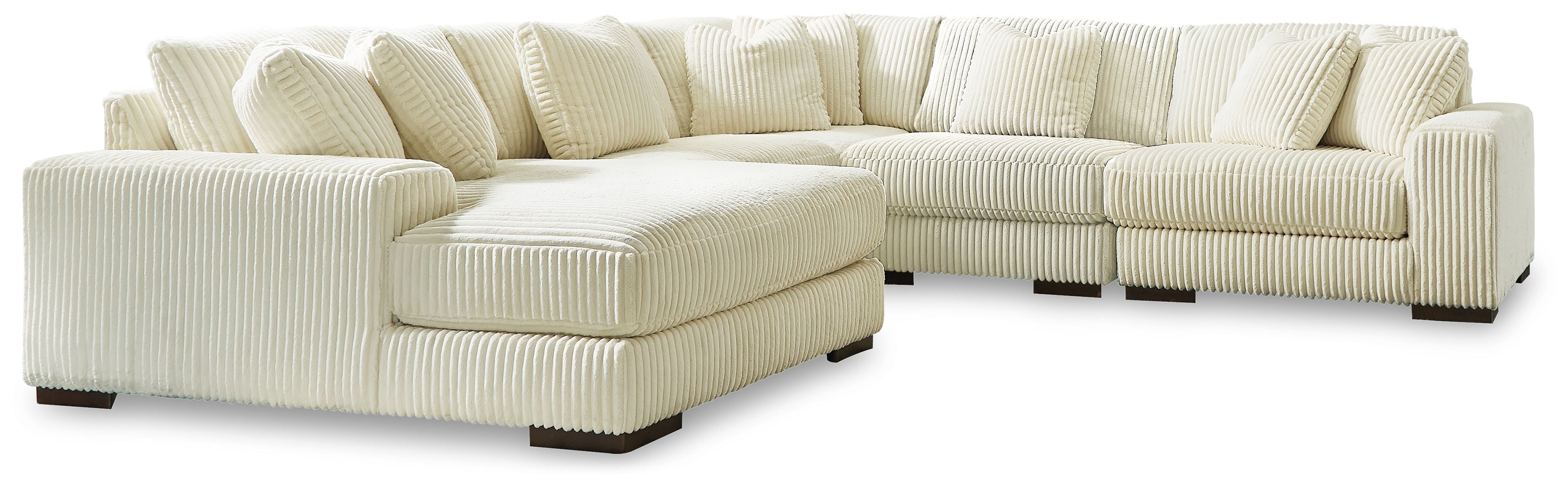 Sectional sofa with chaise and corner section, light ivory ribbed upholstery
