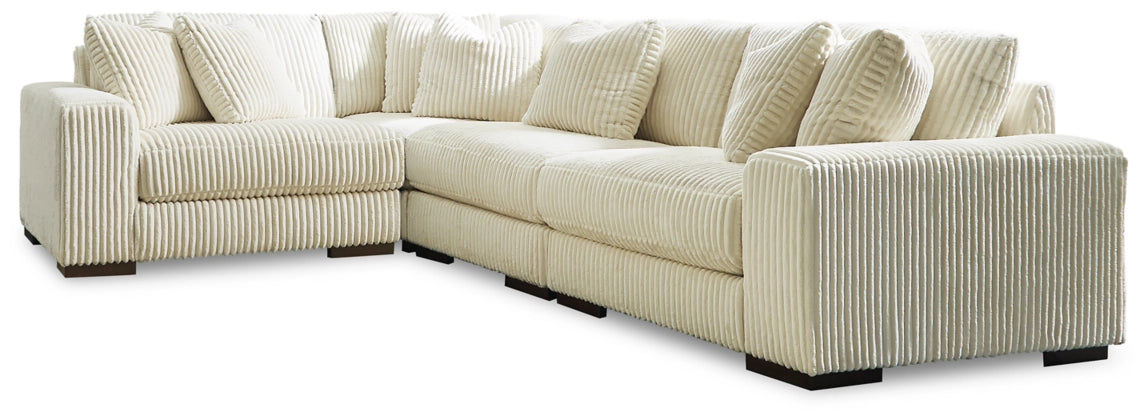 Sectional sofa with corner chaise, light ivory ribbed upholstery and wide armrests