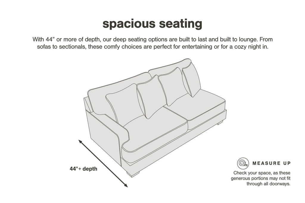 Sectional sofa seating diagram showing spacious seating depth and measure-up icon