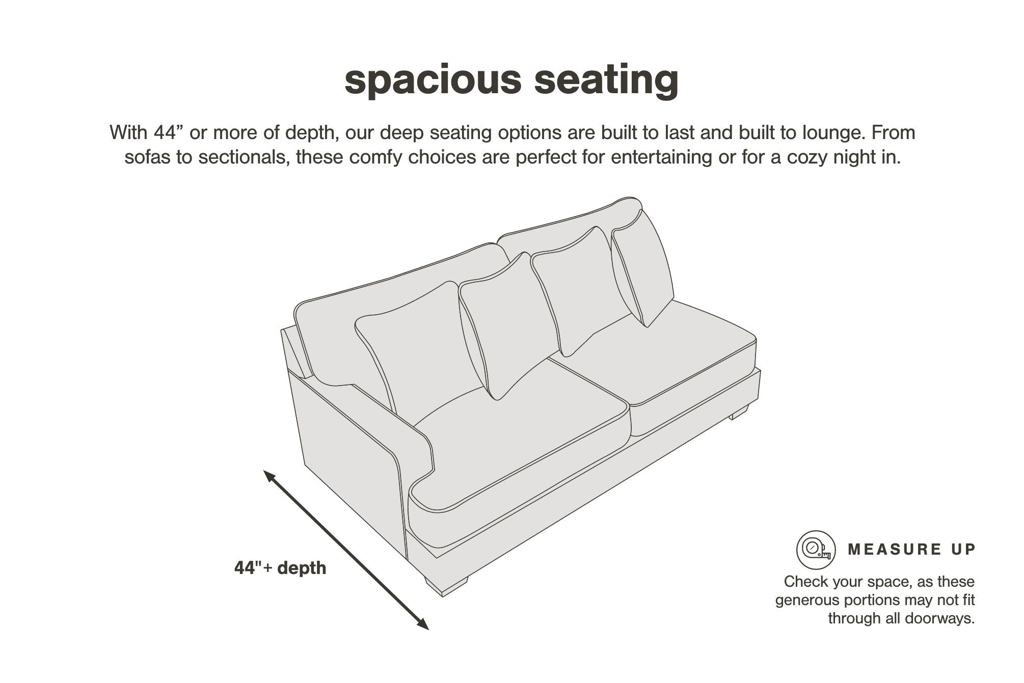 Sectional sofa seating diagram showing spacious seating depth and measure-up icon
