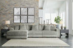 Sectional sofa with chaise, ribbed striped upholstery in light gray-green, rolled arms