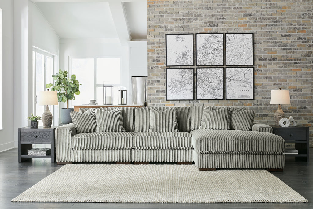 Sectional sofa with left chaise, ribbed striped upholstery in light gray-green