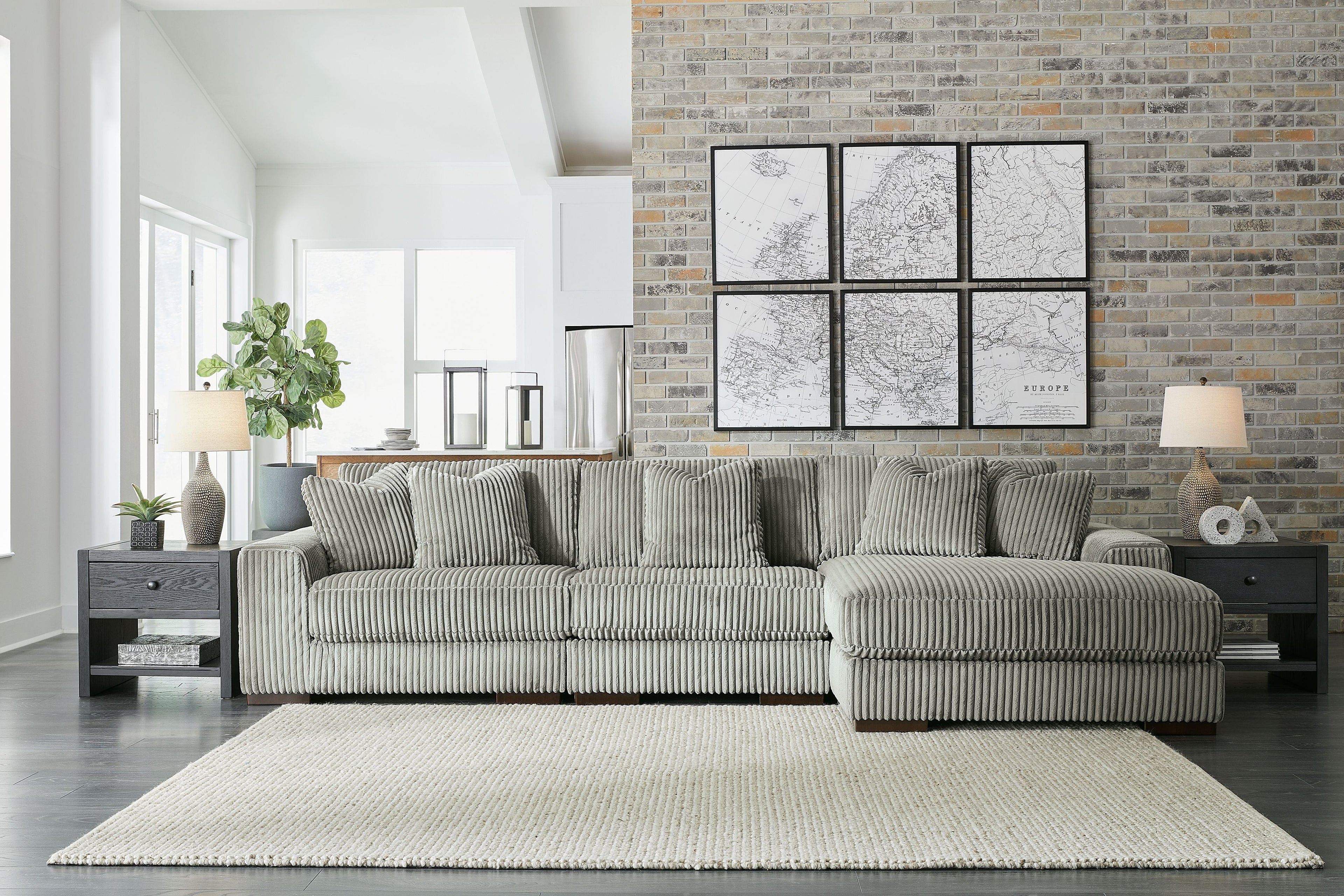 Sectional sofa with left chaise, ribbed striped upholstery in light gray-green