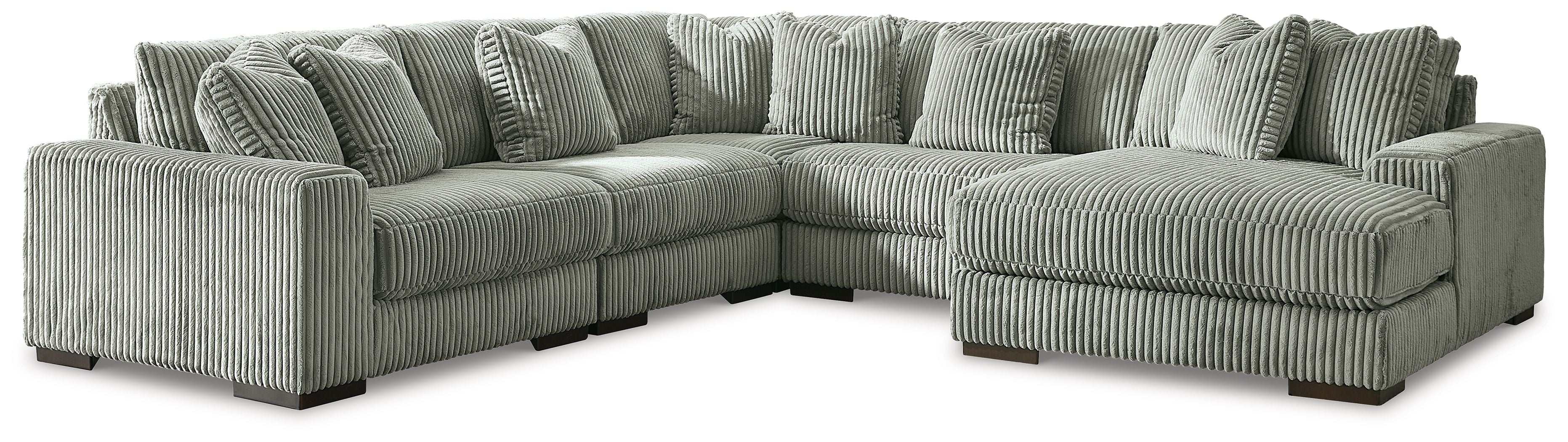 Sectional sofa with corner chaise, ribbed striped upholstery in light gray-green