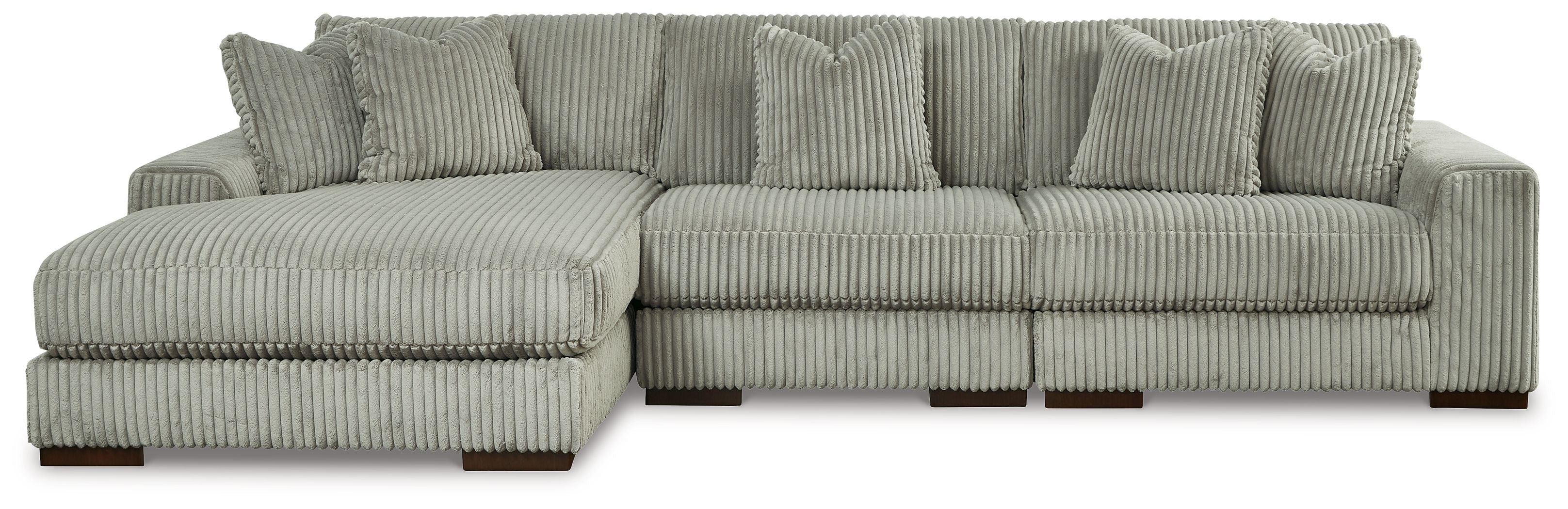 Sectional sofa with right chaise, ribbed striped upholstery in light gray-green