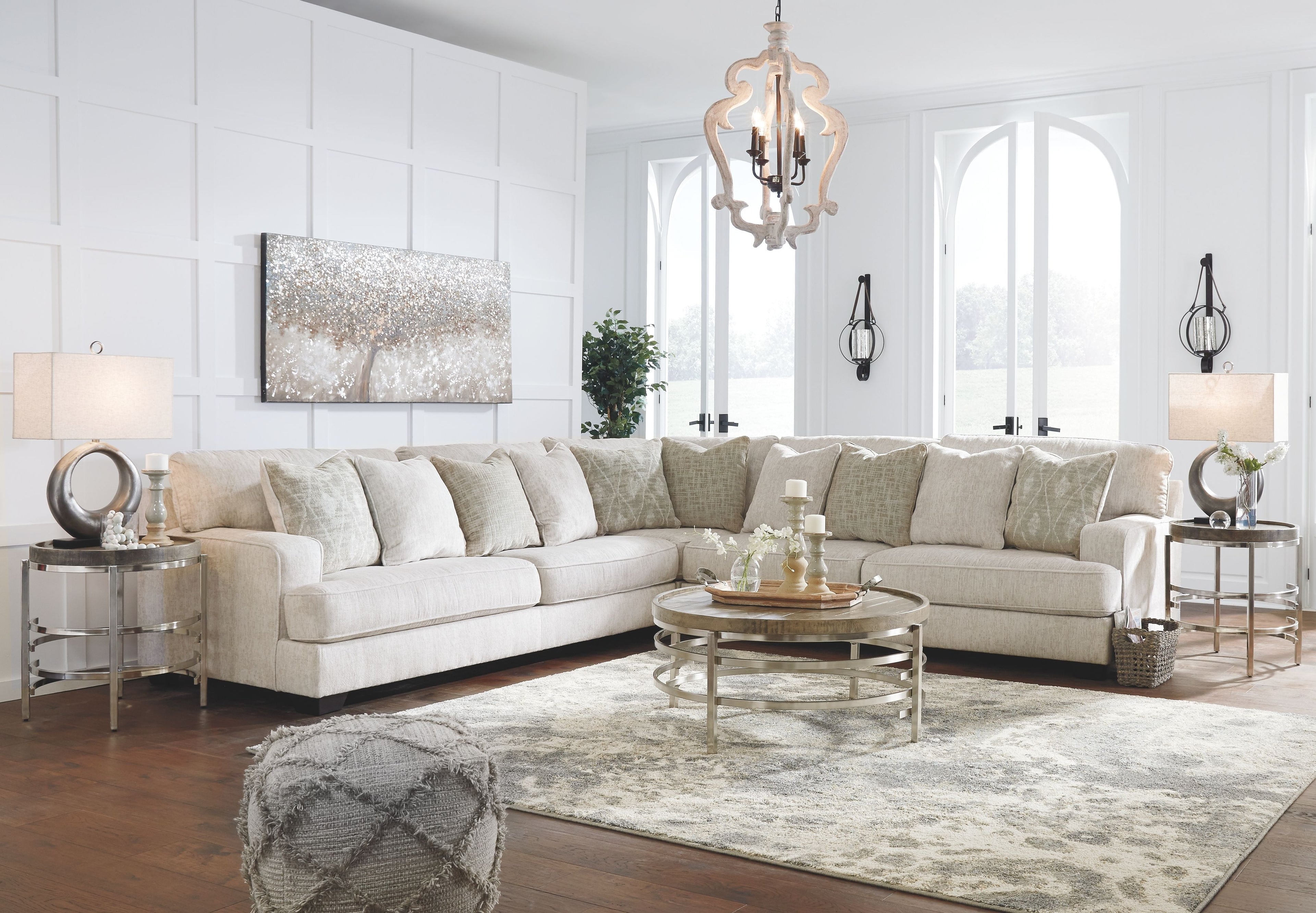 Light beige sectional sofa with box cushions and wide corner chaise