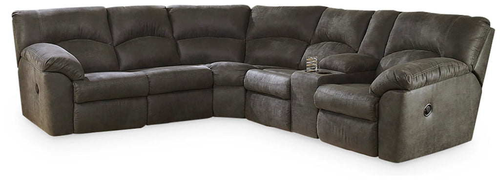 Pewter reclining sectional sofa with cushioned arms and tufted back