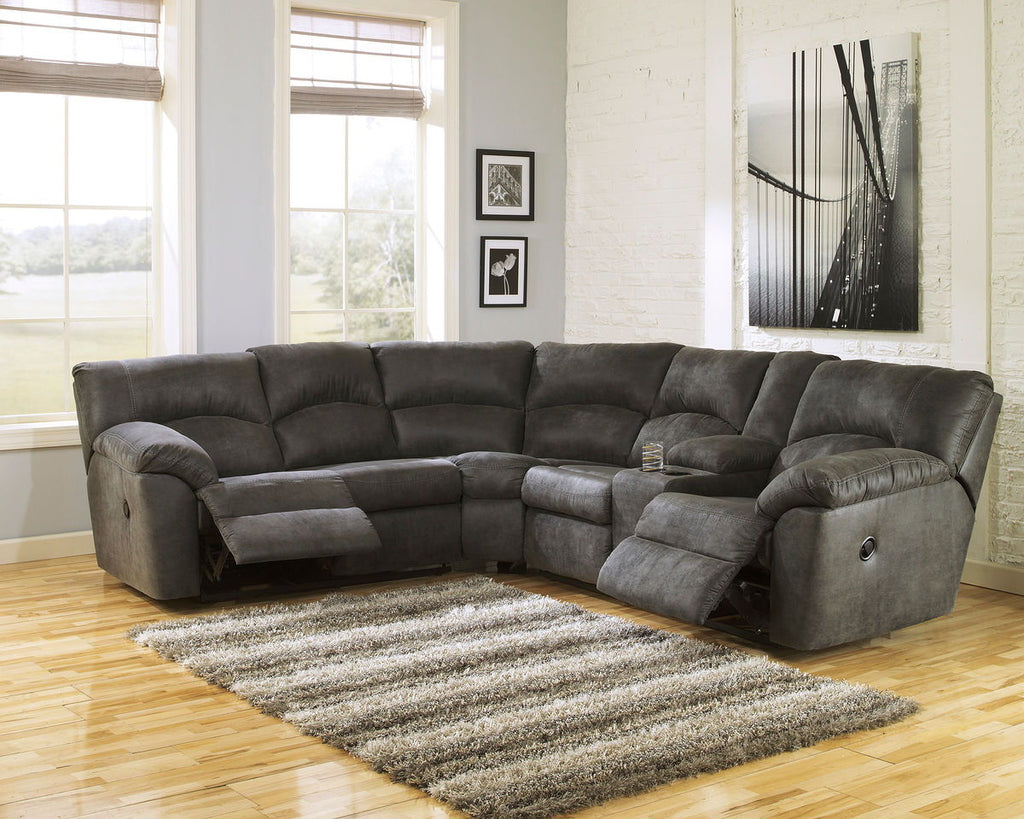 Pewter reclining sectional sofa with chaise-style right end and padded seats