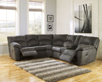 Pewter reclining sectional sofa with chaise-style right end and padded seats