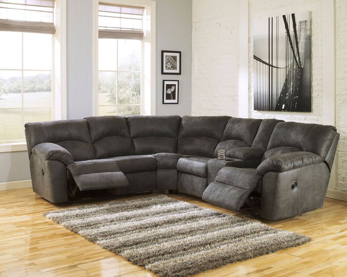 Pewter reclining sectional sofa with chaise-style right end and padded seats