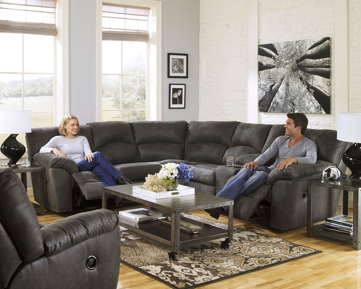 Pewter reclining sectional sofa with chaise and tufted back cushions
