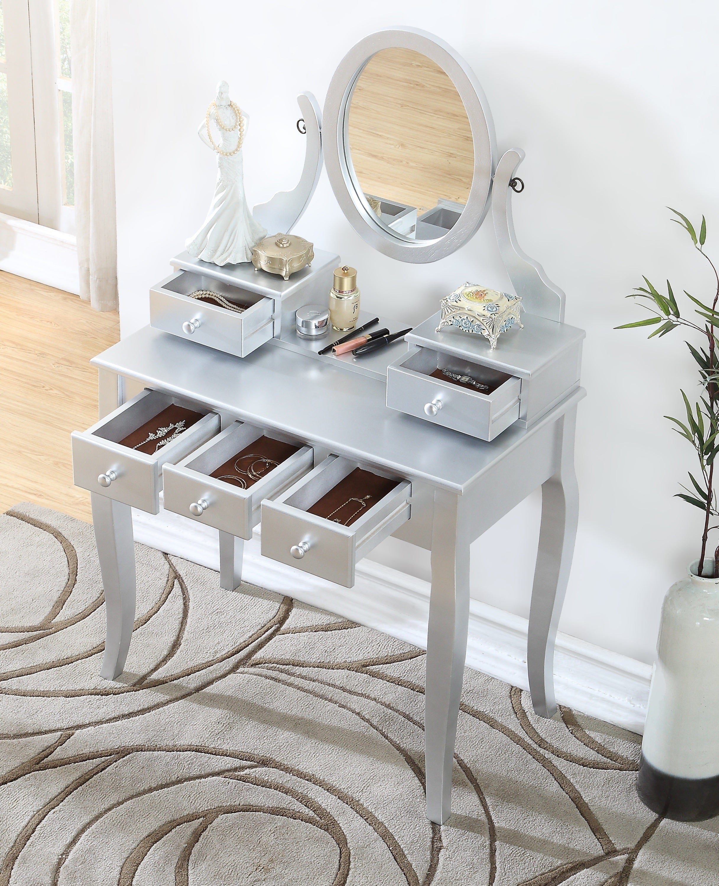 Ashley Vanity Set: Silver Makeup Table & Stool-American Furniture Outlet