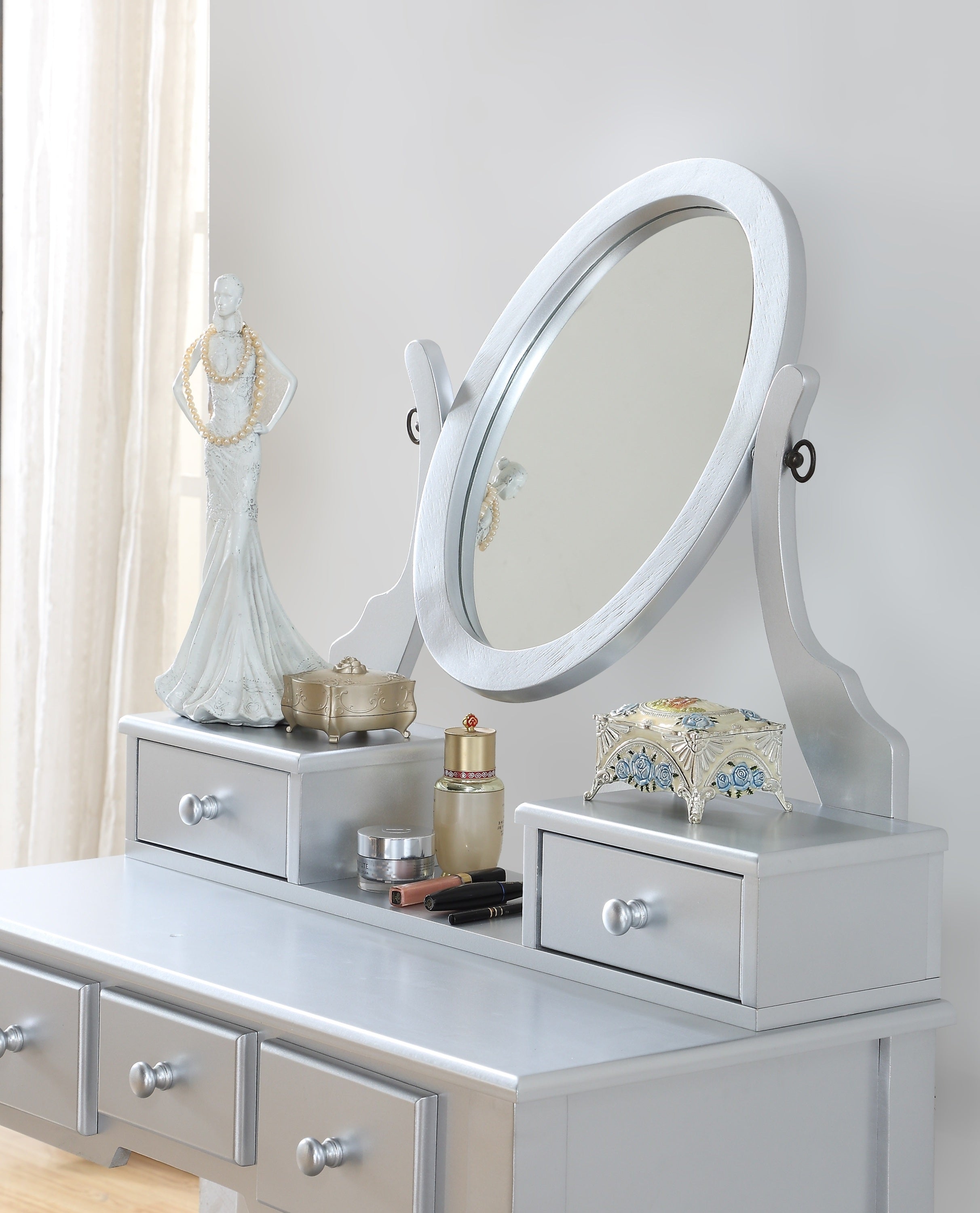 Ashley Vanity Set: Silver Makeup Table & Stool-American Furniture Outlet