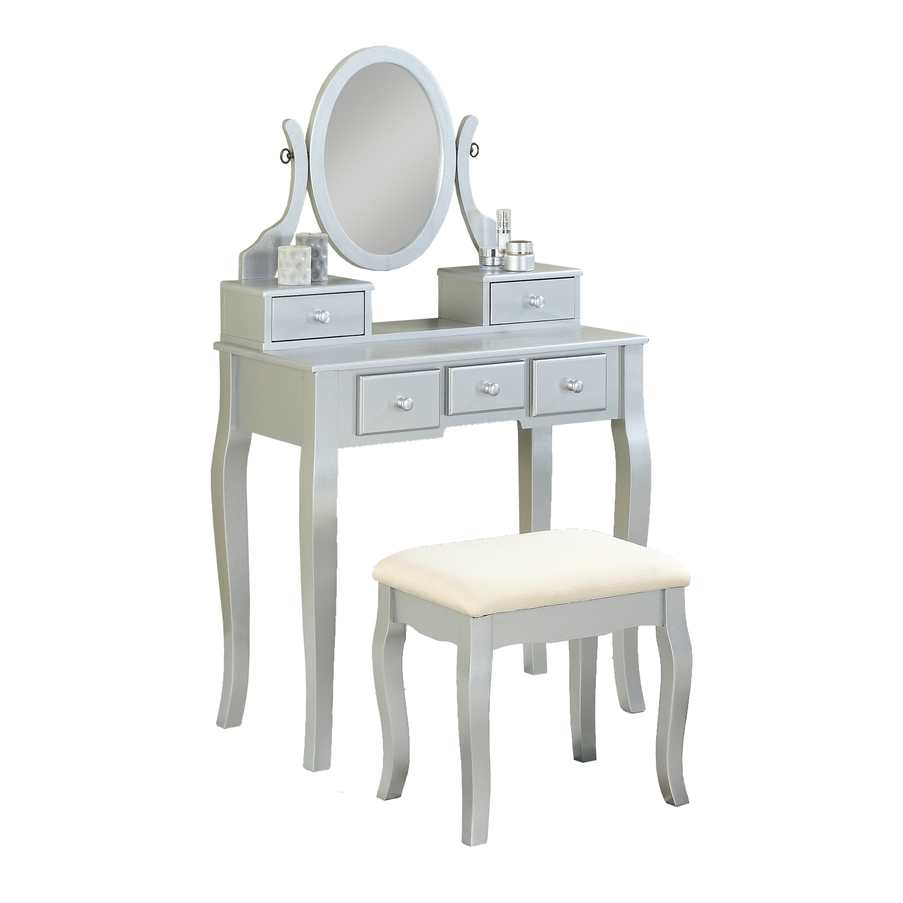 Ashley Vanity Set: Silver Makeup Table & Stool-American Furniture Outlet