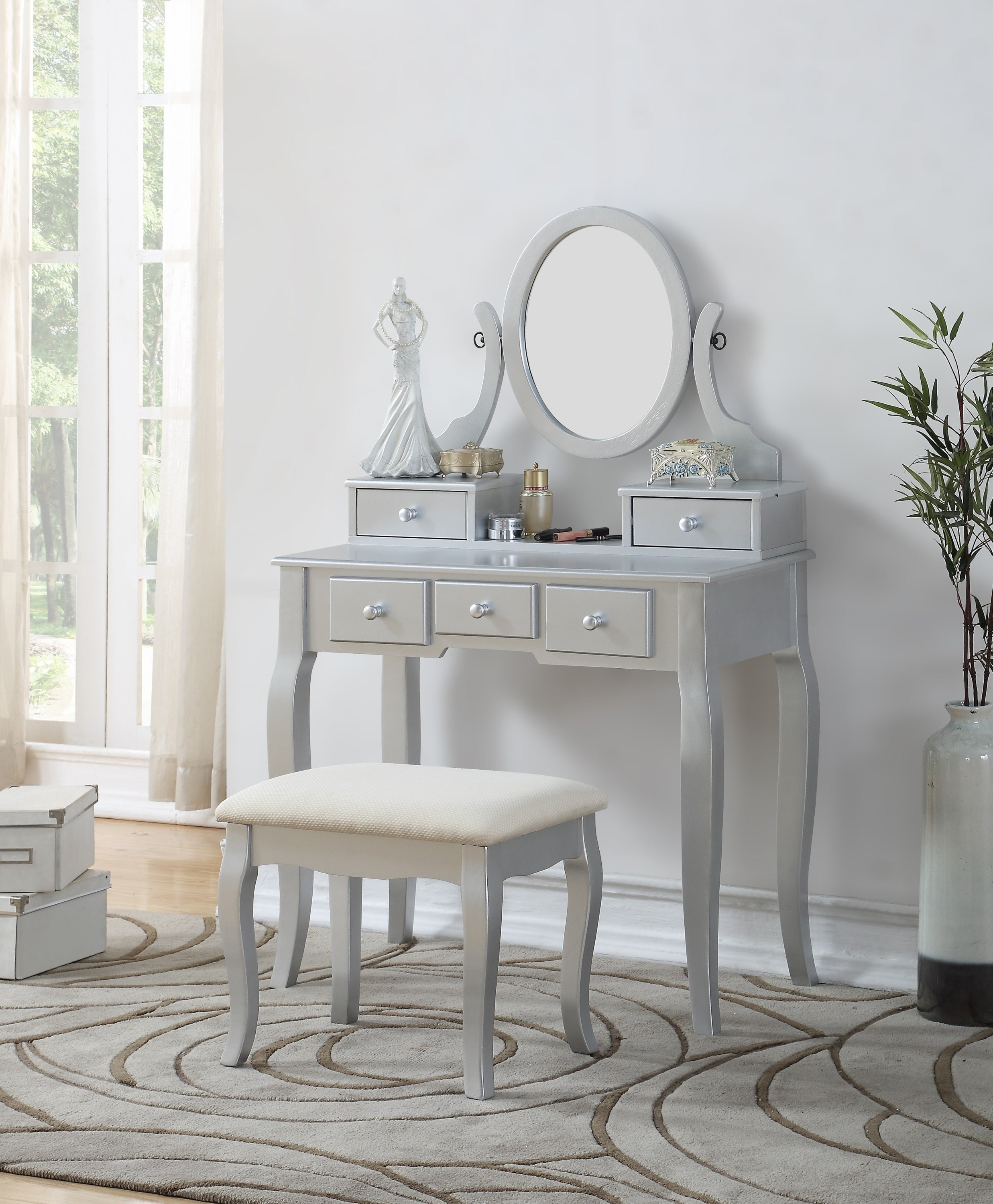 Ashley Vanity Set: Silver Makeup Table & Stool-American Furniture Outlet