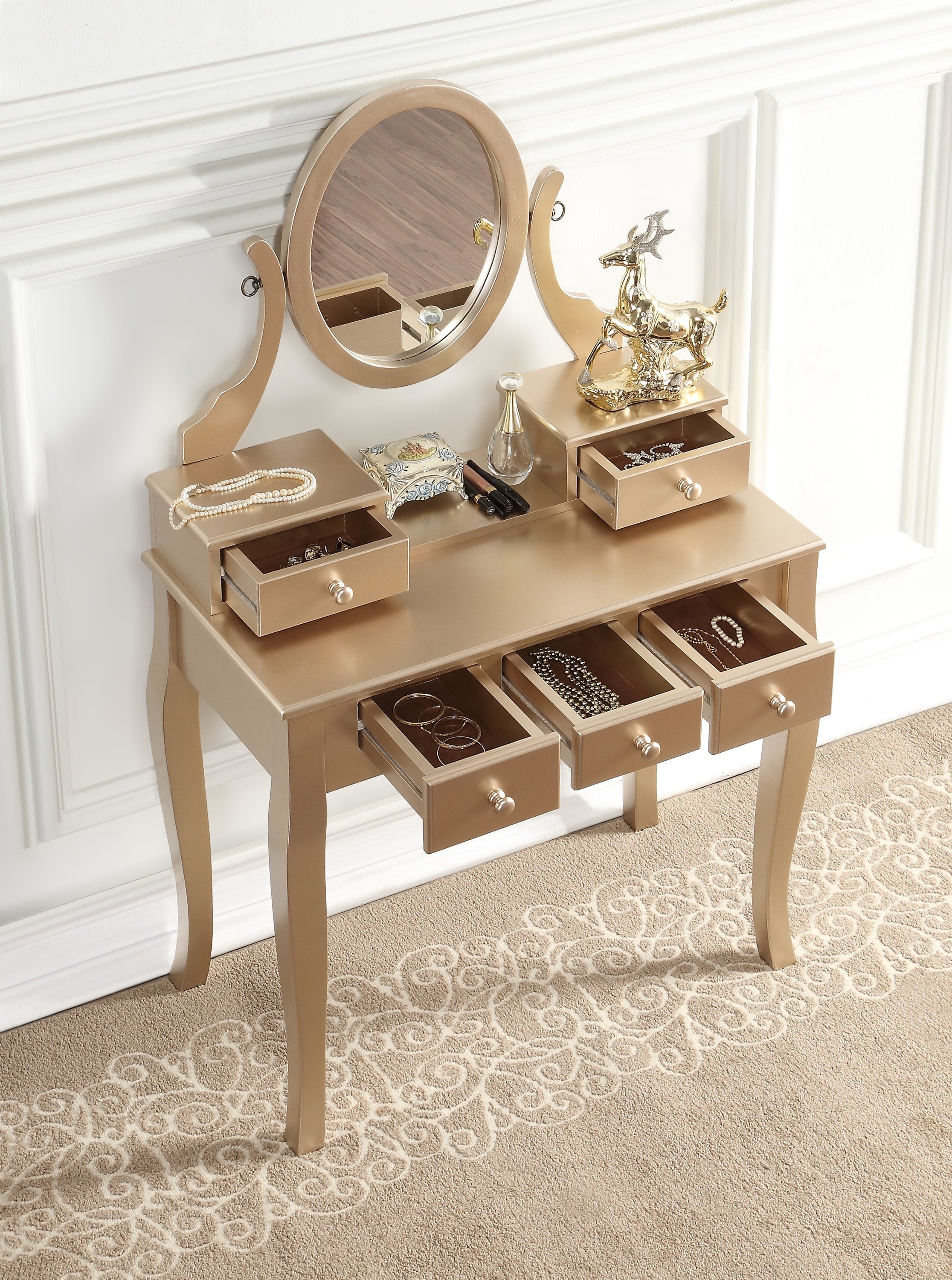 Ashley Wood Makeup Vanity Set w/ Stool - Gold-American Furniture Outlet