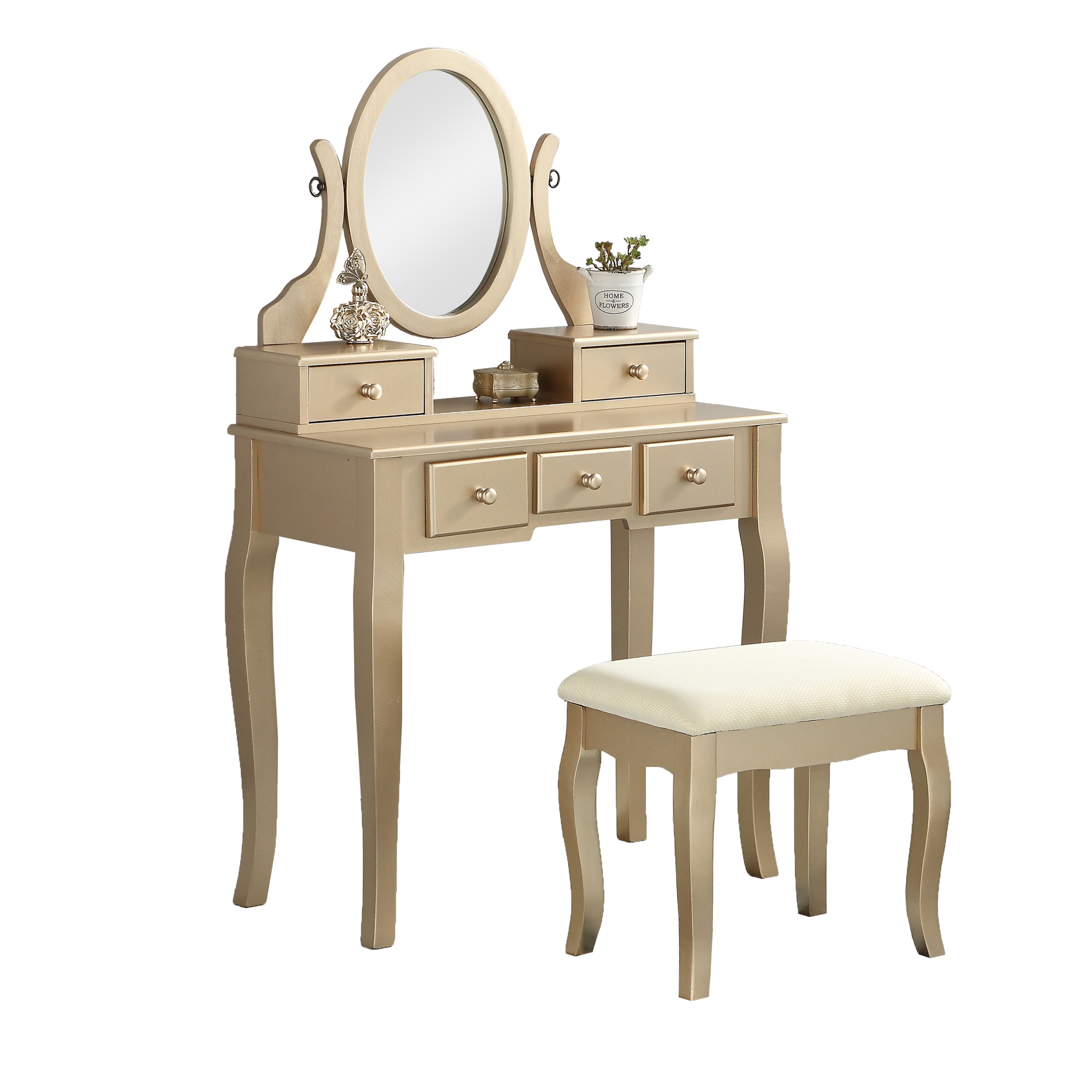 Ashley Wood Makeup Vanity Set w/ Stool - Gold-American Furniture Outlet