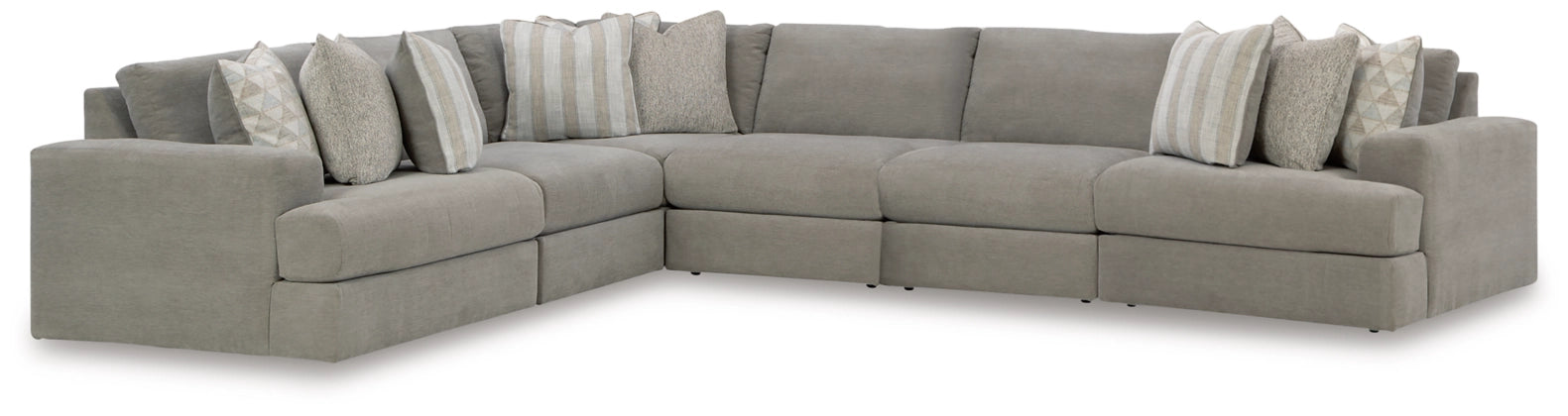 Ash-gray fabric L-shaped sectional sofa with tufted cushions and accent pillows