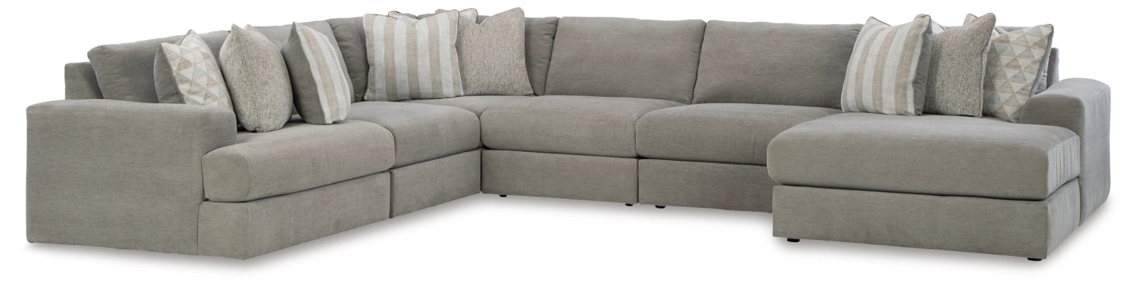 Ash-gray fabric sectional sofa with right-side chaise and stacked accent pillows