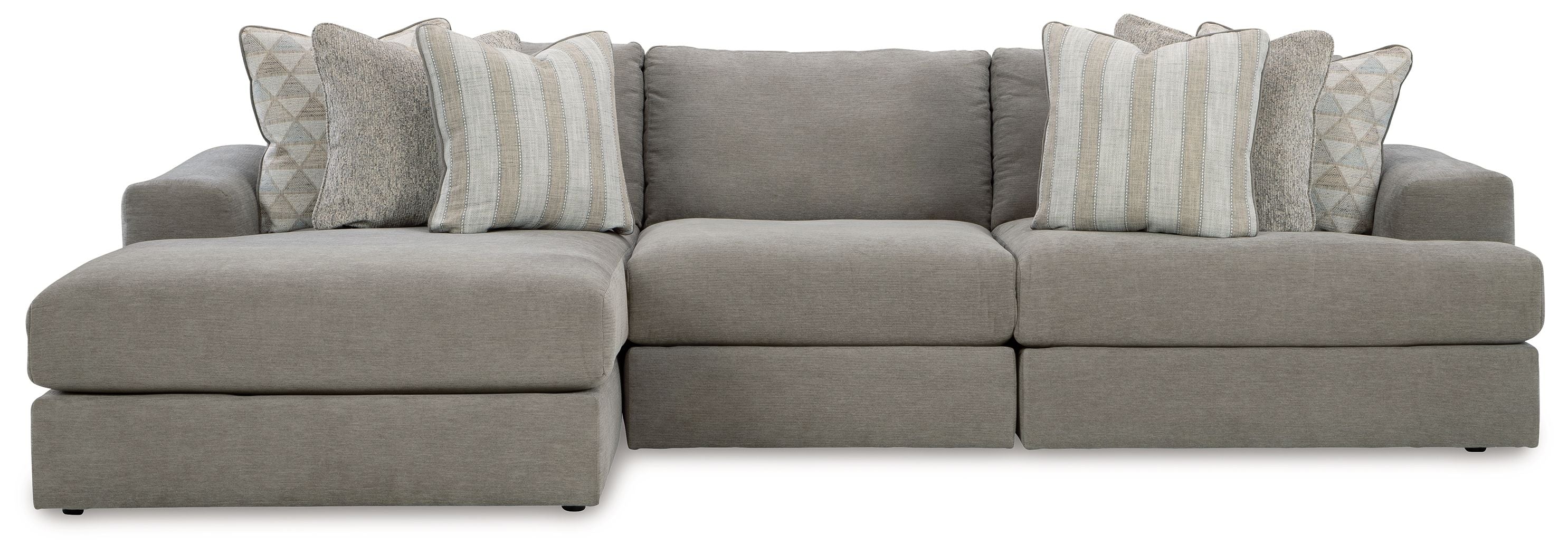 Gray sectional sofa with chaise and striped lumbar pillows