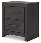 Two-drawer night stand with two drawers and metal pulls, dark wood