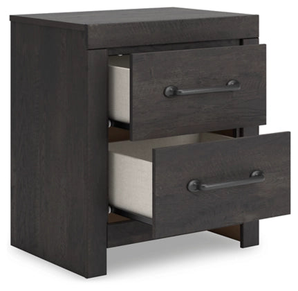 Two-drawer night stand with two open drawers, dark wood and metal pulls