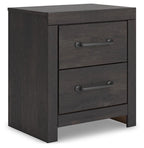 Two-drawer night stand front view with two drawers and metal pulls, dark wood
