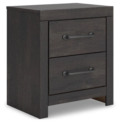 Two-drawer night stand front view with two drawers and metal pulls, dark wood