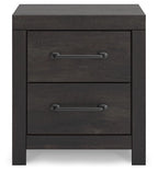Two-drawer night stand with two drawers and brushed metal pulls, dark wood