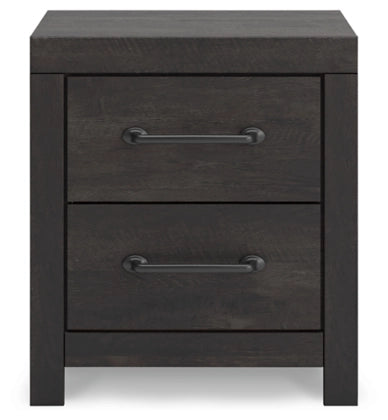 Two-drawer night stand with two drawers and brushed metal pulls, dark wood