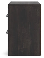 Two-drawer night stand side panel with stacked drawers, dark wood finish