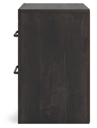 Two-drawer night stand side panel with stacked drawers, dark wood finish