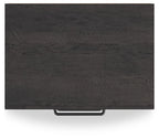 Two-drawer night stand top and center drawer handle, dark wood grain