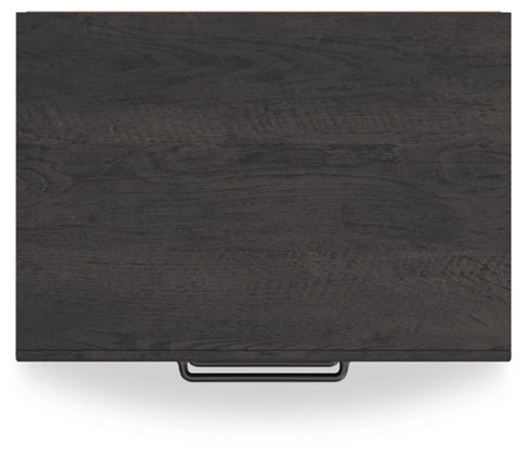 Two-drawer night stand top and center drawer handle, dark wood grain