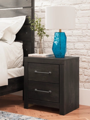 Two-drawer night stand with two drawers and metal pulls, dark wood finish