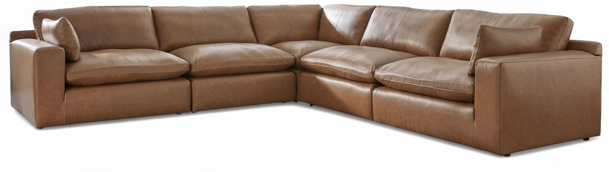 Caramel leather-look sectional sofa with corner chaise and tufted seat cushions