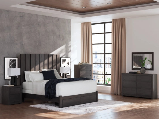 Dark gray two-drawer nightstand with flat top and recessed drawer paneling