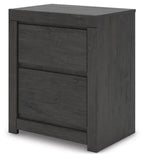 Dark gray nightstand with two stacked drawers and long horizontal drawer pulls