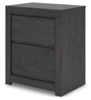 Dark gray nightstand with two stacked drawers and long horizontal drawer pulls