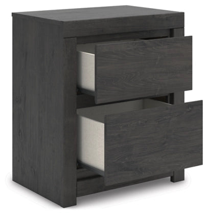 Dark gray nightstand with both drawers pulled open, showing inner compartments