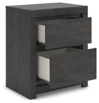 Dark gray nightstand with both drawers pulled open, showing inner compartments